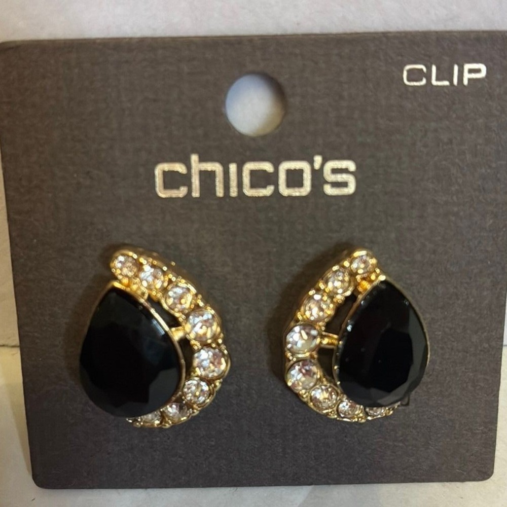 Chico's Black Teardrop Crystal Gold Tone Clip On Earrings Glam NWT New